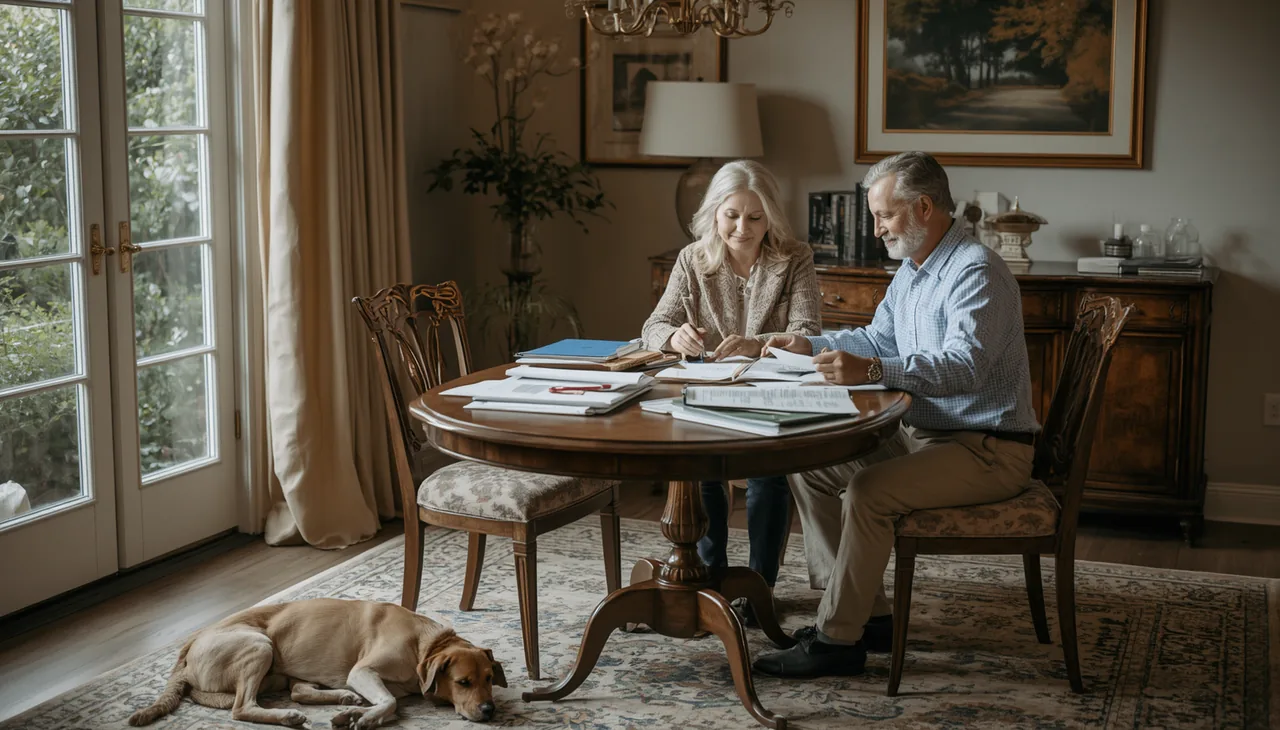 Family reviewing important planning documents while their dog rests nearby, representing family animal planning, protection, and continuity of care.