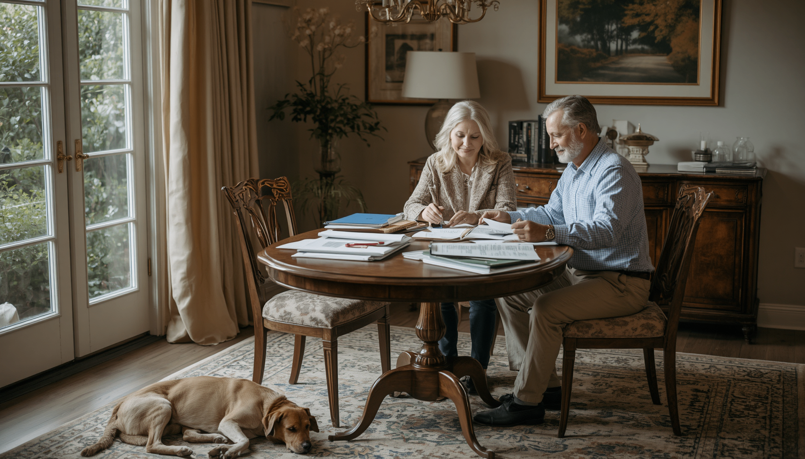Family reviewing important planning documents while their dog rests nearby, representing family animal planning, protection, and continuity of care.